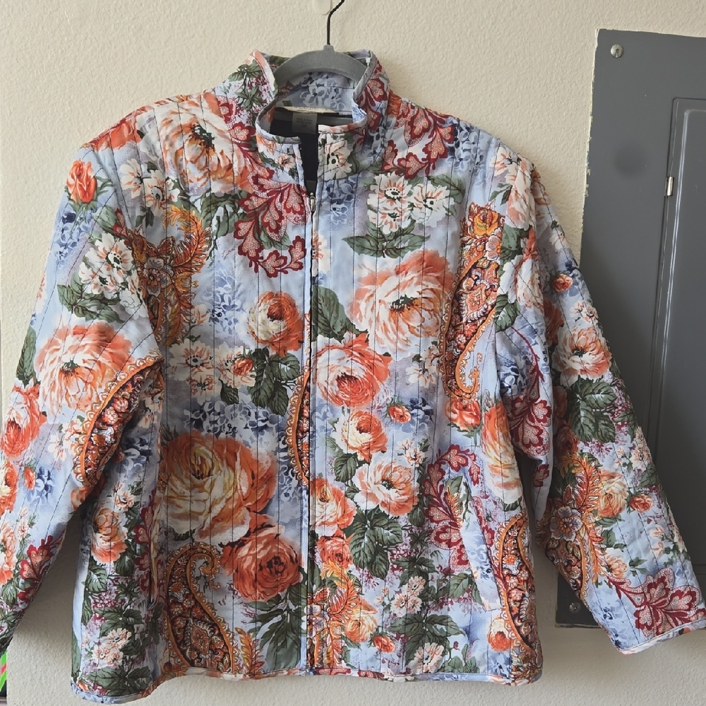 Allison Daley Floral Quilted Jacket - Light Blue & Orange
